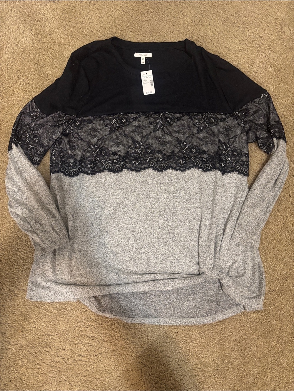 Maurice’s Women’s Black and Gray Lace-Trim Knit Top